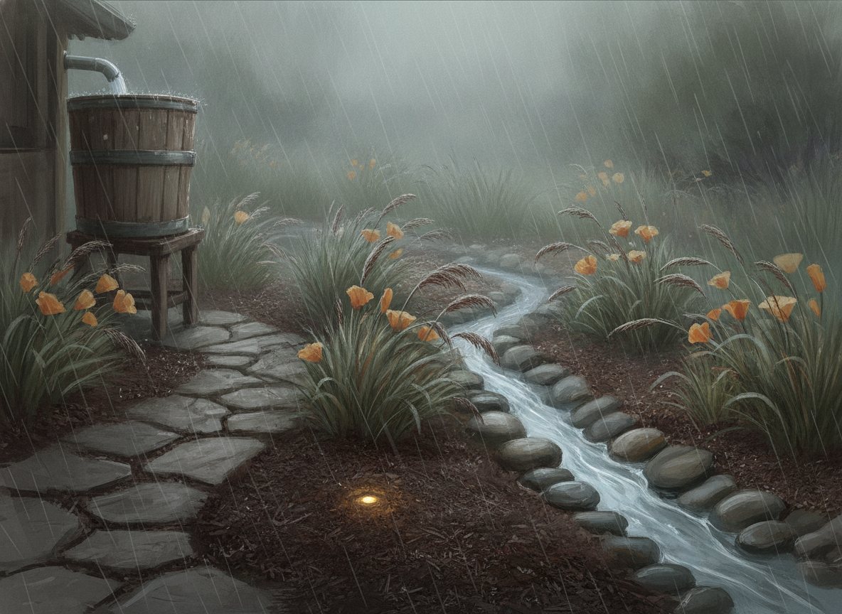 Concept art: rain filling a barrel cistern beside a stone path and a dry creek bed lined with native planting